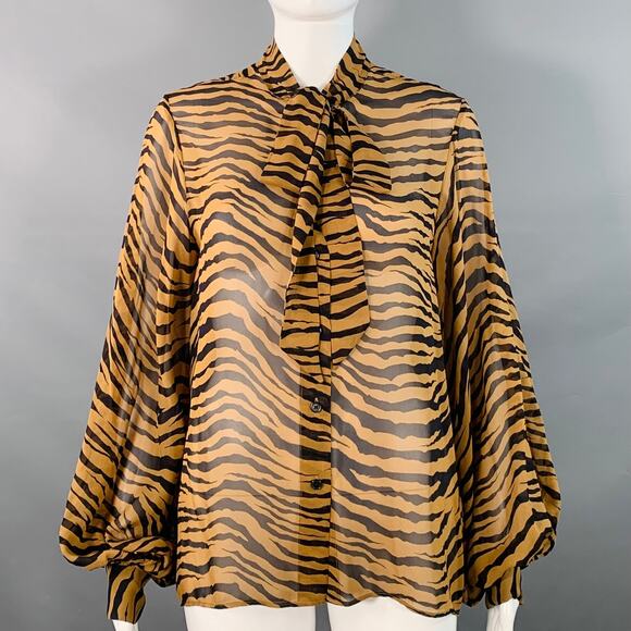 NILI LOTAN Size M Black Brown Silk Animal Print Bow Blouse - Picture 1 of 6
